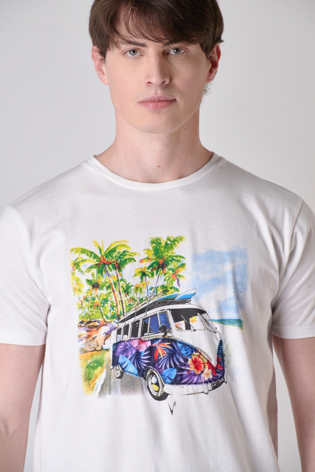 White T-Shirt with Camper print and embroidered V2 fabric insert