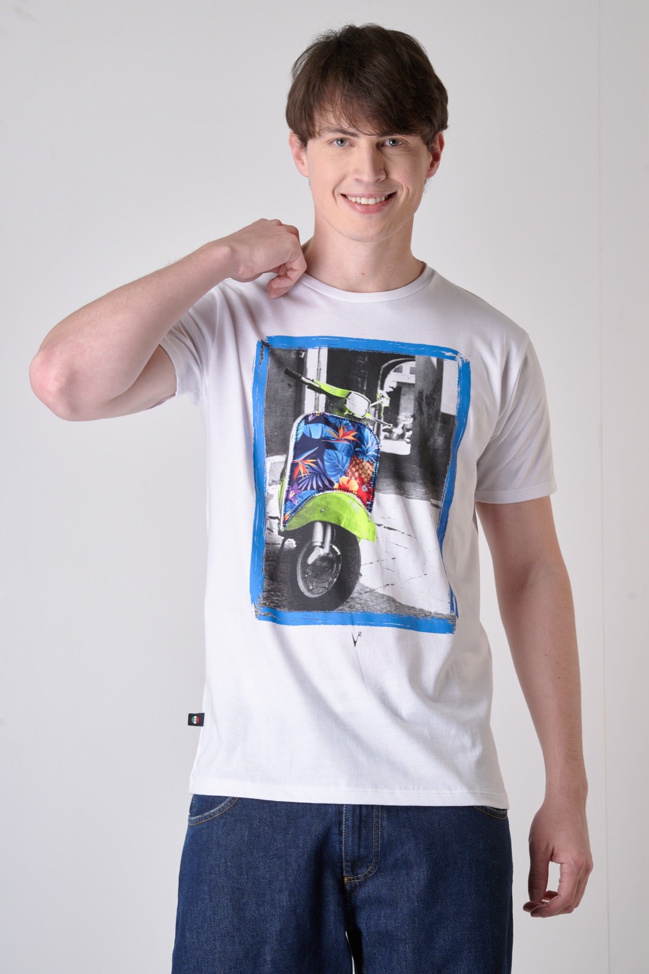 White T-Shirt with Moto print and insert in embroidered V2 fabric and Fluo Yellow contrasts