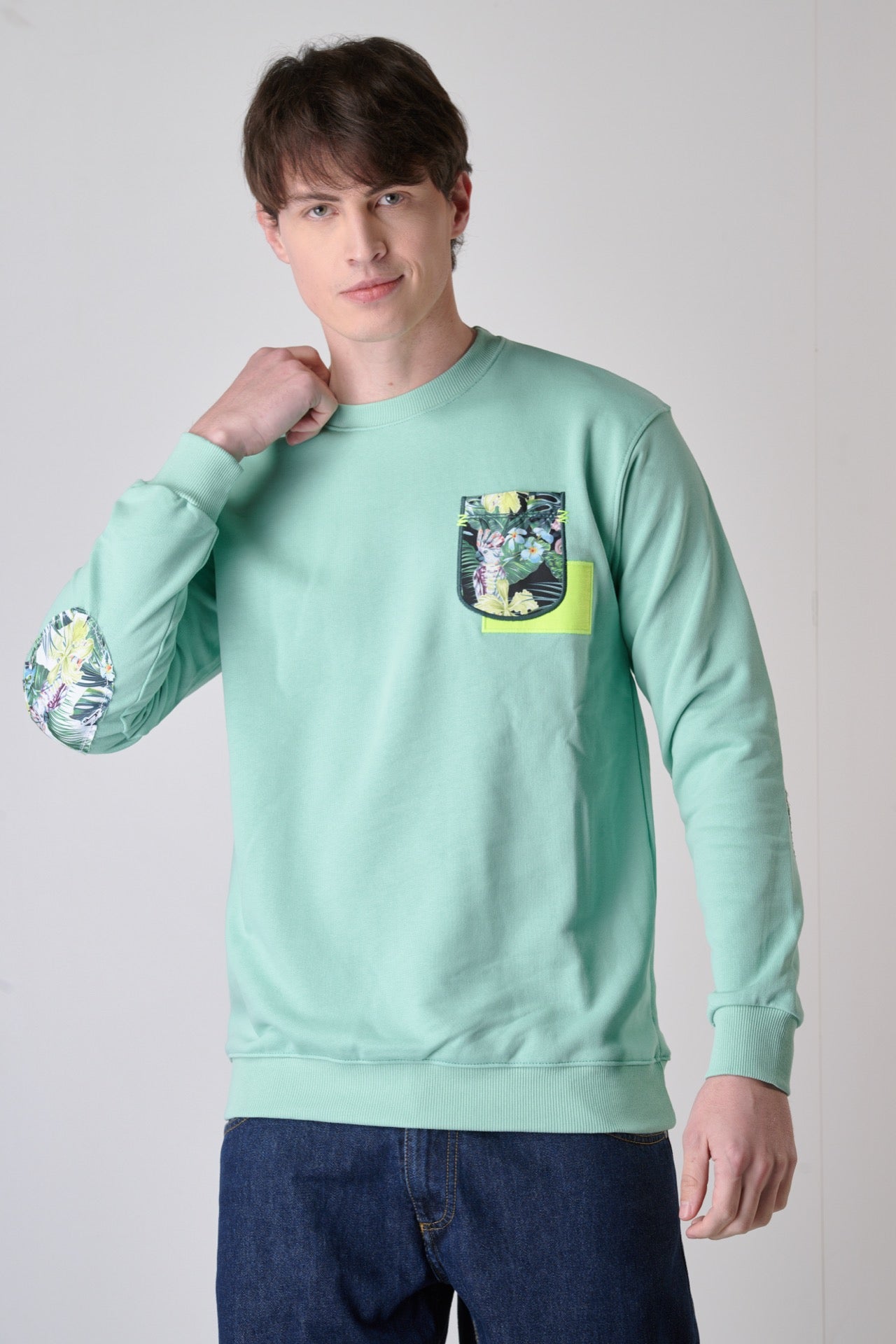 Mint Green crew-neck sweatshirt with pocket and V2 fabric patches