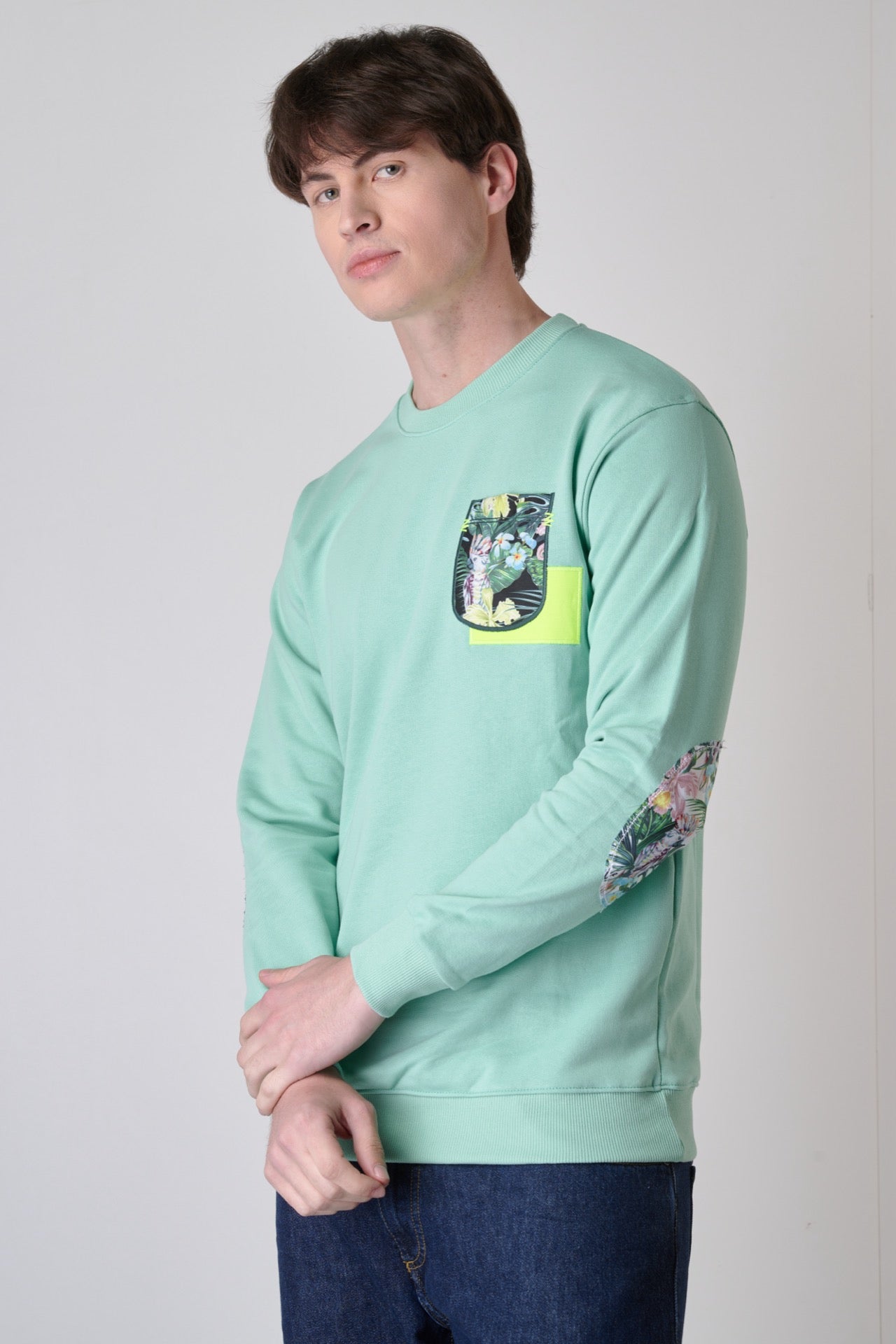 Mint Green crew-neck sweatshirt with pocket and V2 fabric patches