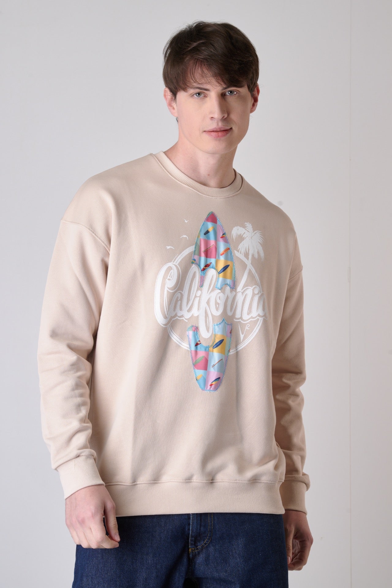 Sand crew-neck sweatshirt with California print and V2 fabric insert