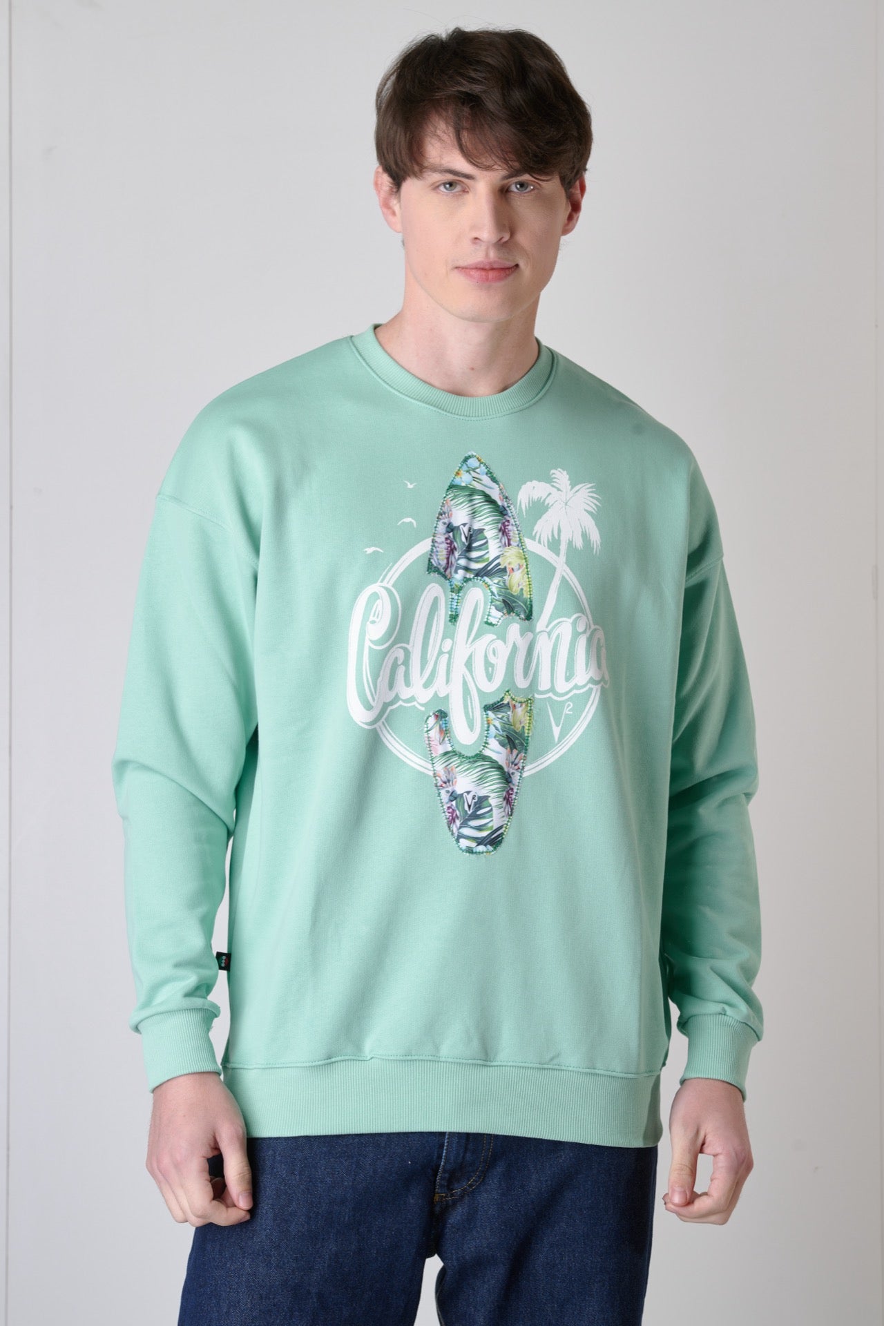 Mint Green crewneck sweatshirt with California print and V2 fabric insert
