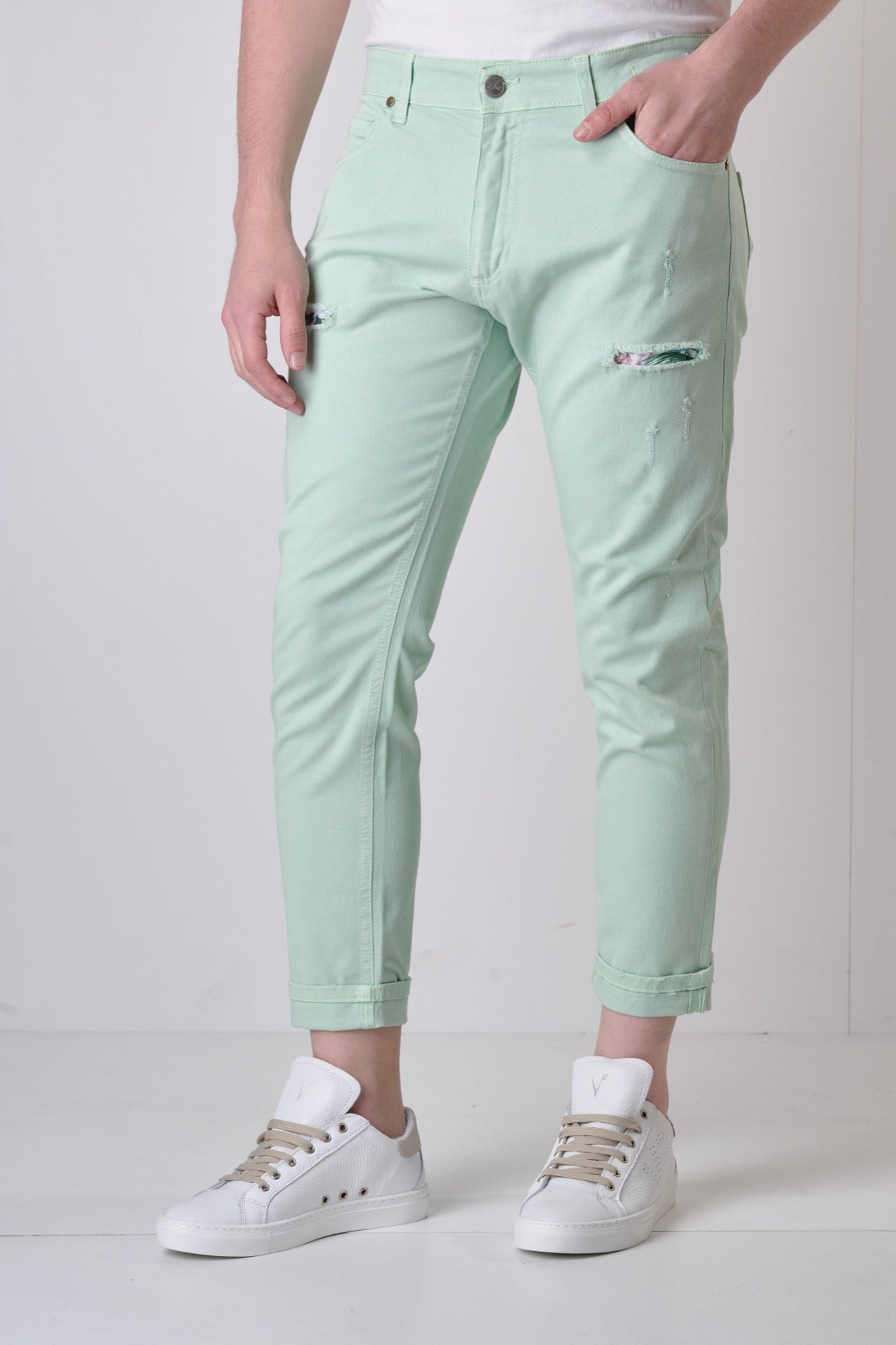 LONDON - Jeans Slim Fit - Verde Menta con doppia Patch Frontale e Tasca in tessuto V2