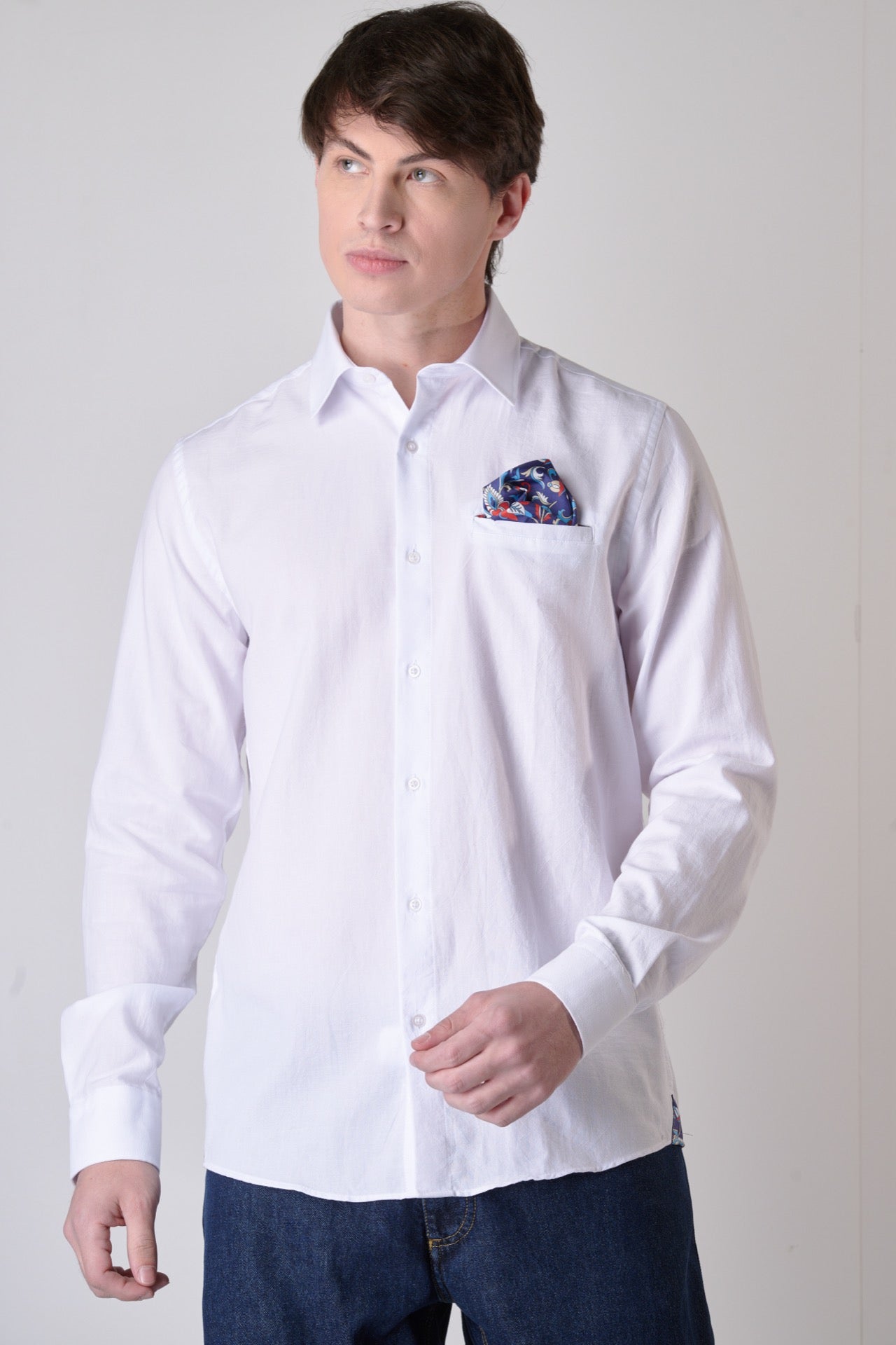 White shirt with pocket square and V2 fabric interior