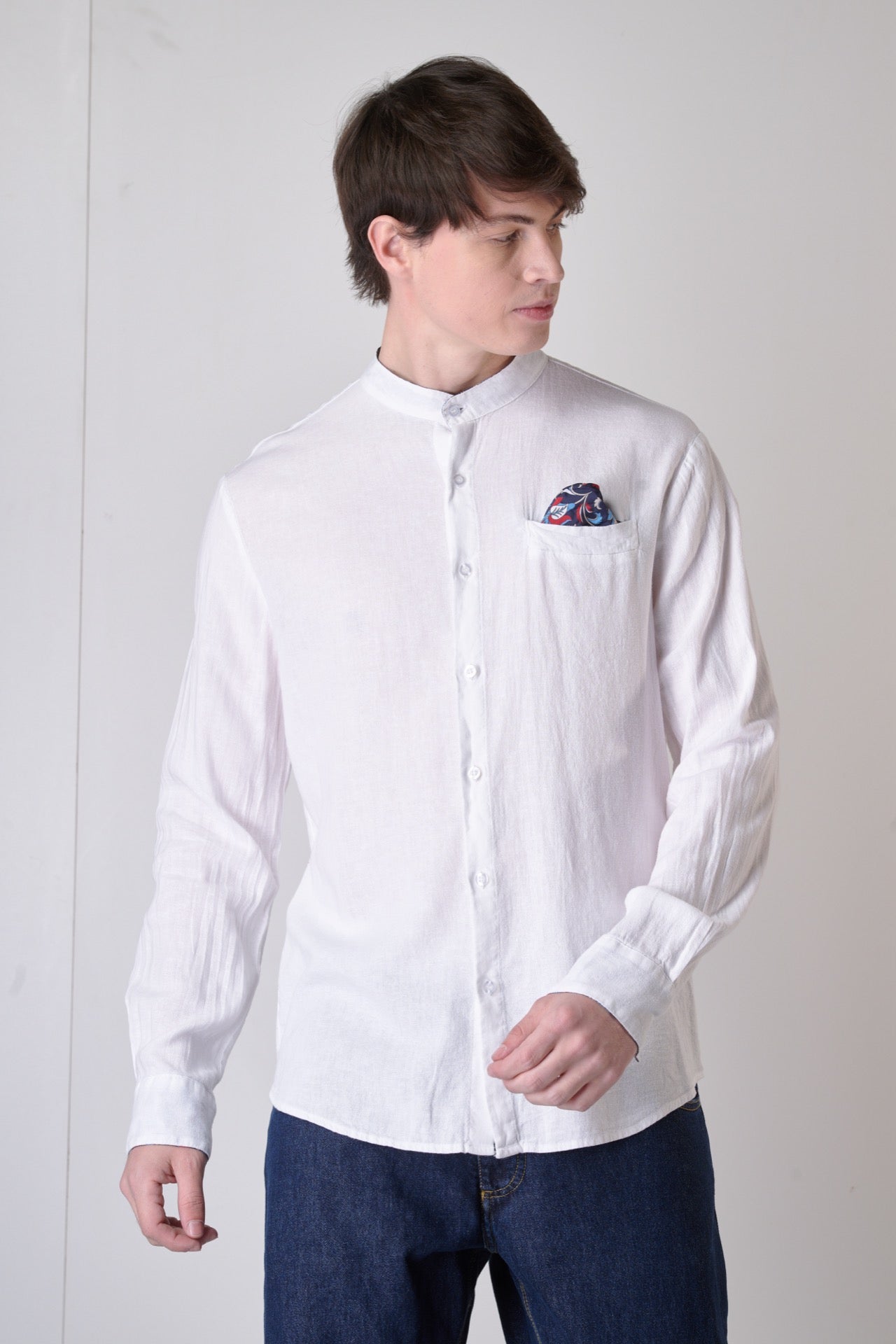White Linen Korean Tailored Shirt with Pochette, interior and cuffs in V2 fabric
