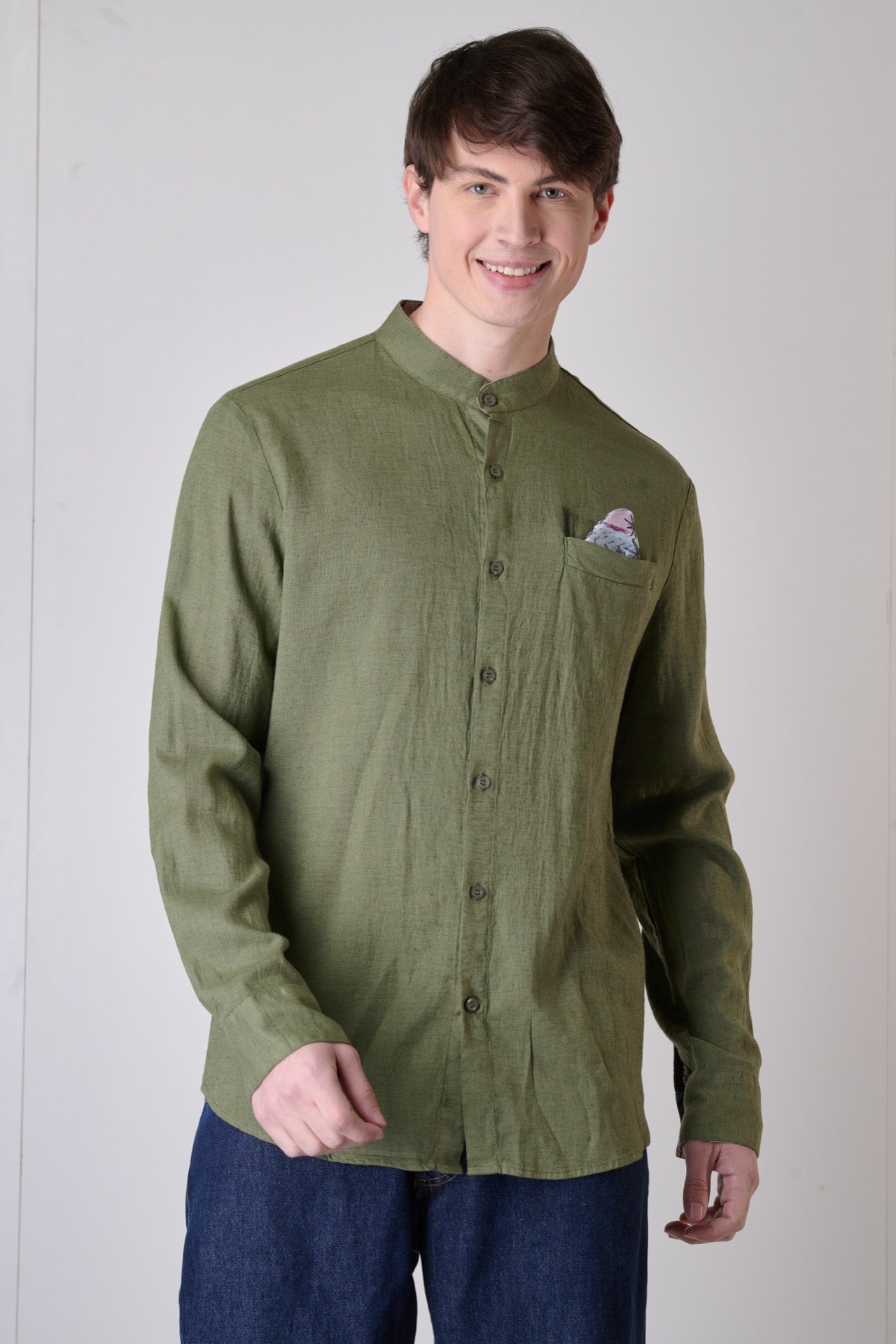 Korean Tailored Shirt in Military Green Linen with Pocket Square, Interior and Cuffs in V2 Fabric