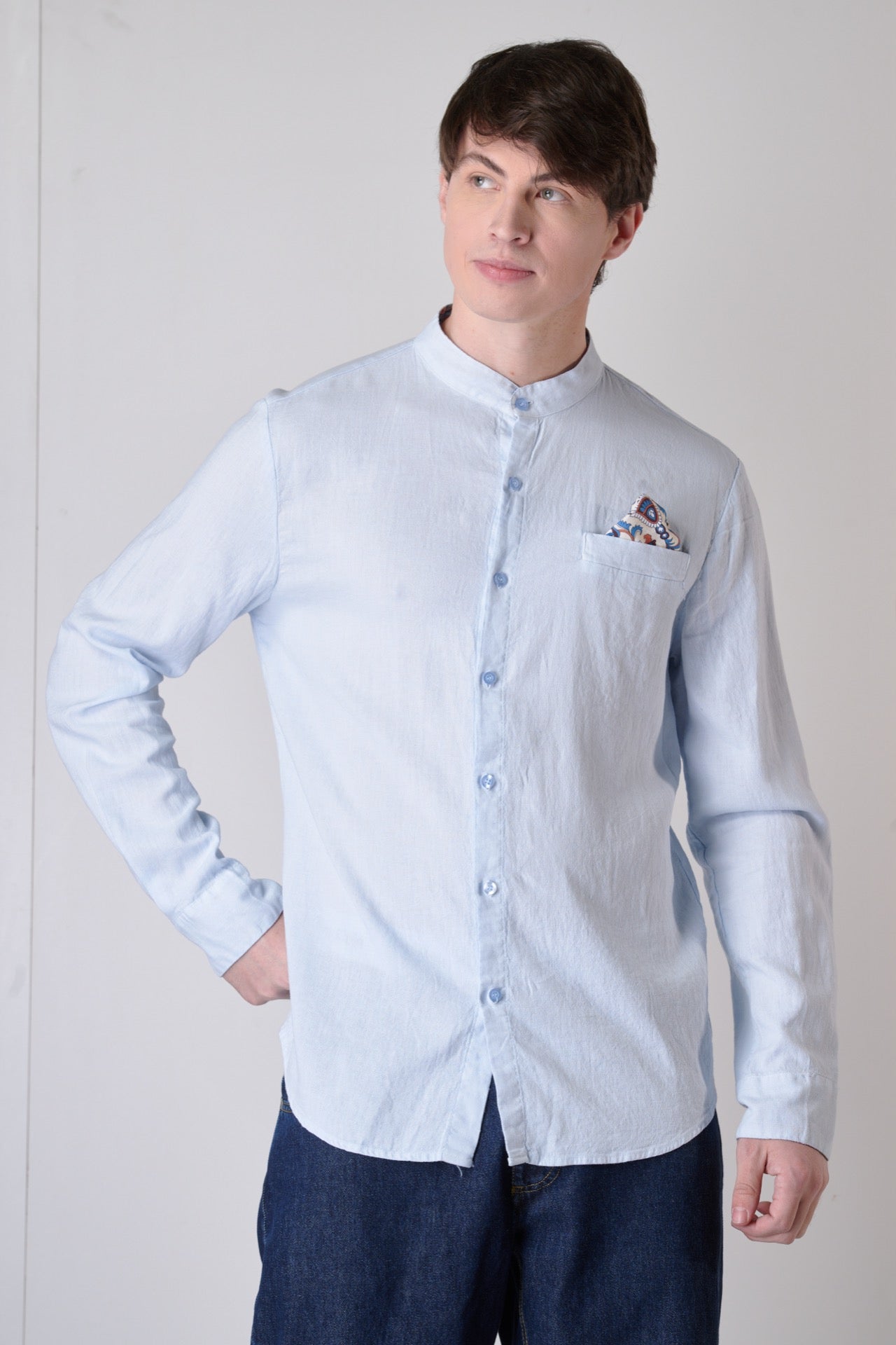 Korean Tailored Shirt in Light Blue Linen with Pocket Square, Interior and Cuffs in V2 Fabric