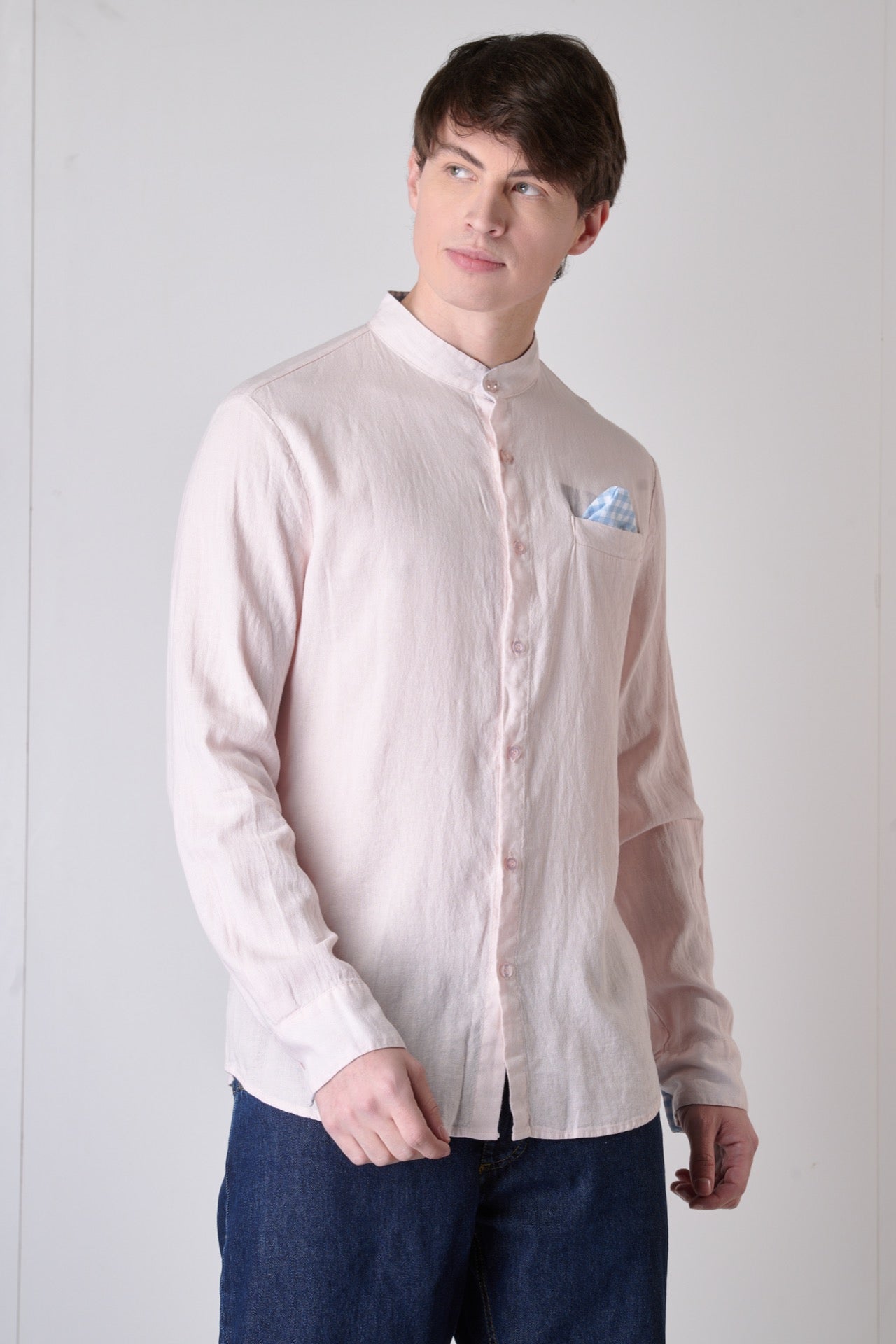 Korean Tailored Shirt in Powder Pink Linen with Pocket Square, Interior and Cuffs in V2 Fabric