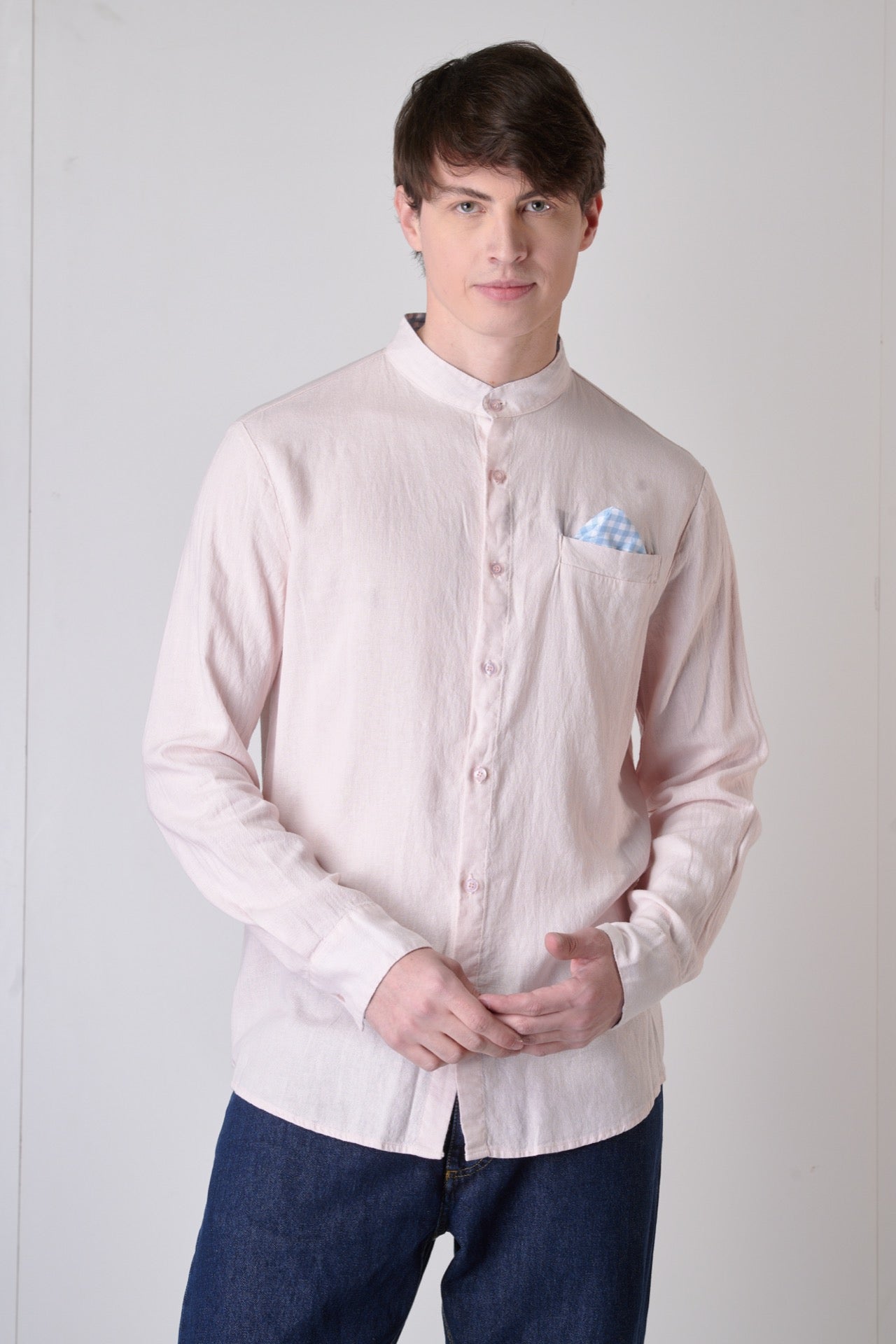 Korean Tailored Shirt in Powder Pink Linen with Pocket Square, Interior and Cuffs in V2 Fabric
