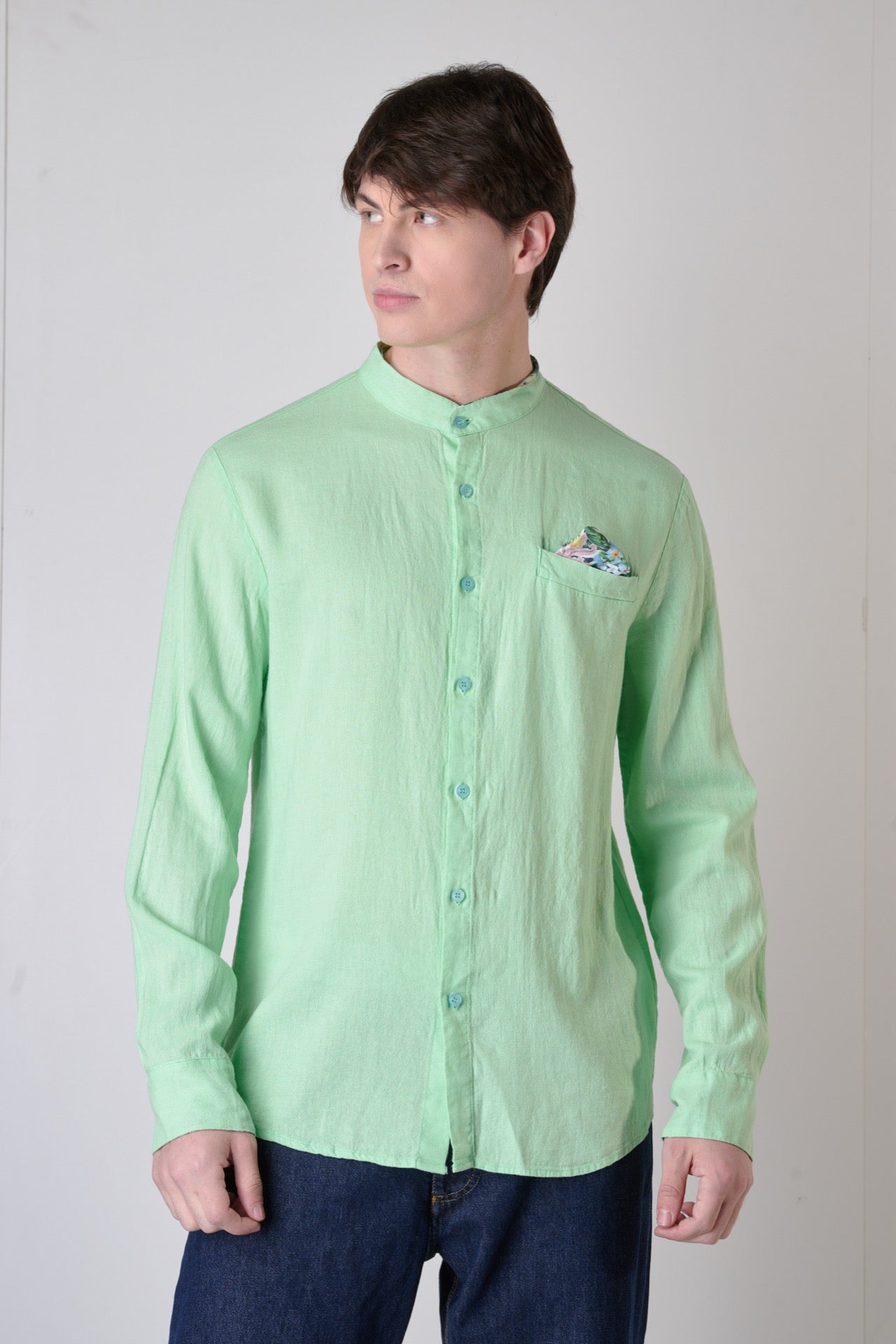 Korean Tailored Shirt in Mint Green Linen with Pocket Square, Interior and Cuffs in V2 Fabric