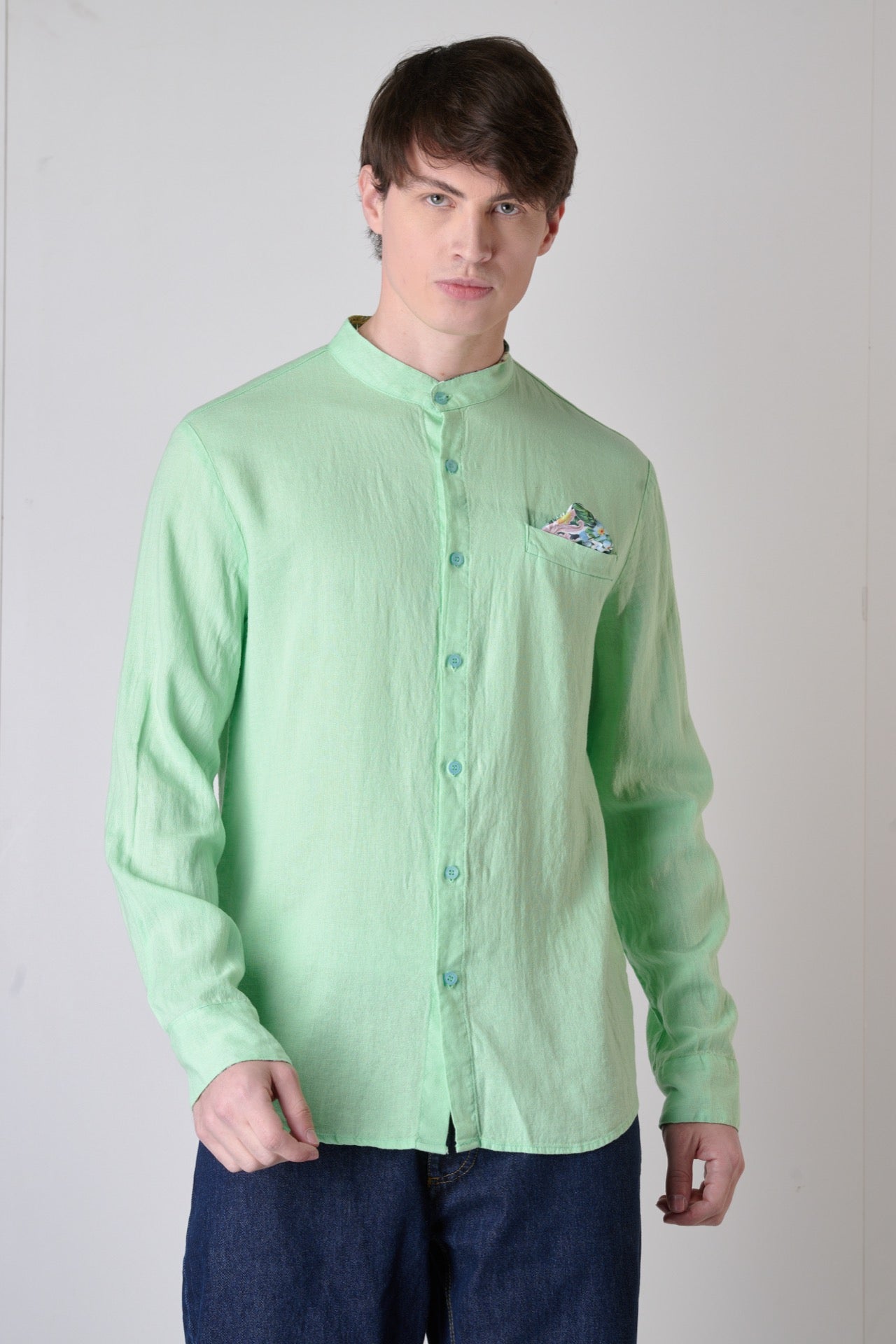 Camicia Sartoriale Coreana in Lino Verde Menta con Pochette, interni e Polsini in tessuto V2