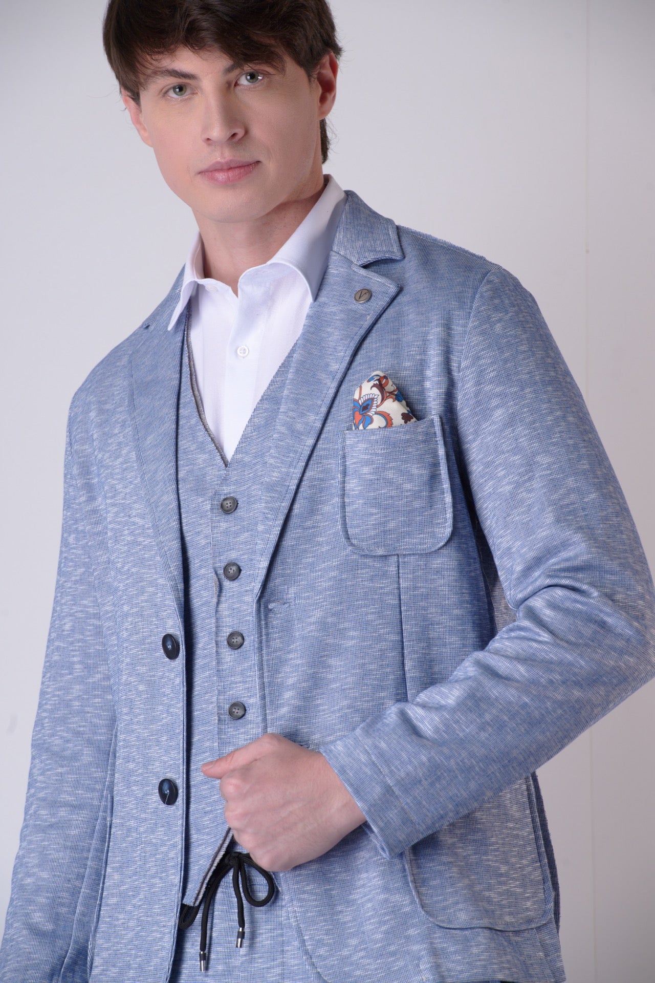 Light Blue Flamed Single-breasted Tailored Jacket with interior and pocket square in V2 fabric