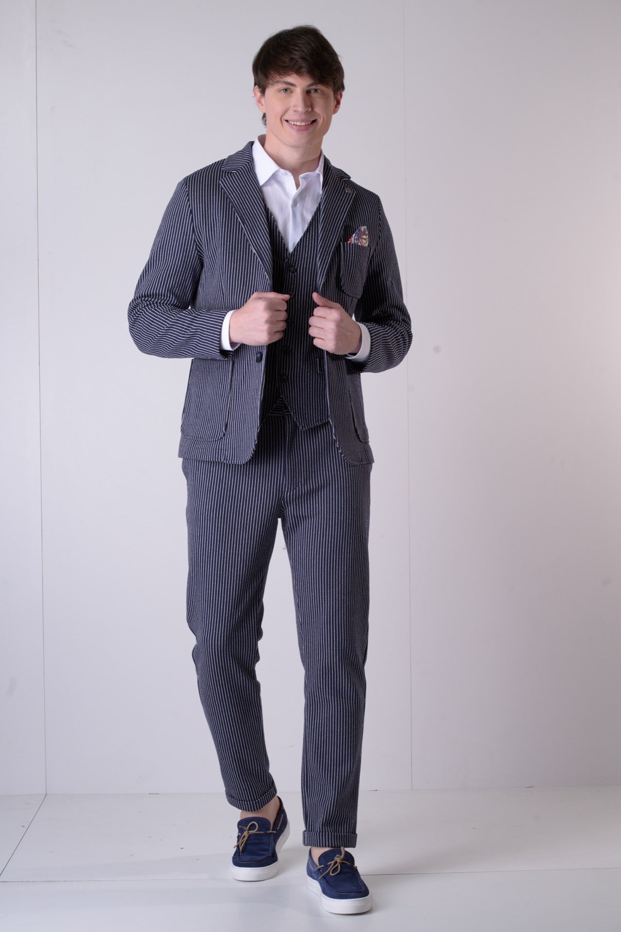 Blue Pinstripe Tailored Trousers with button and V2 fabric interior