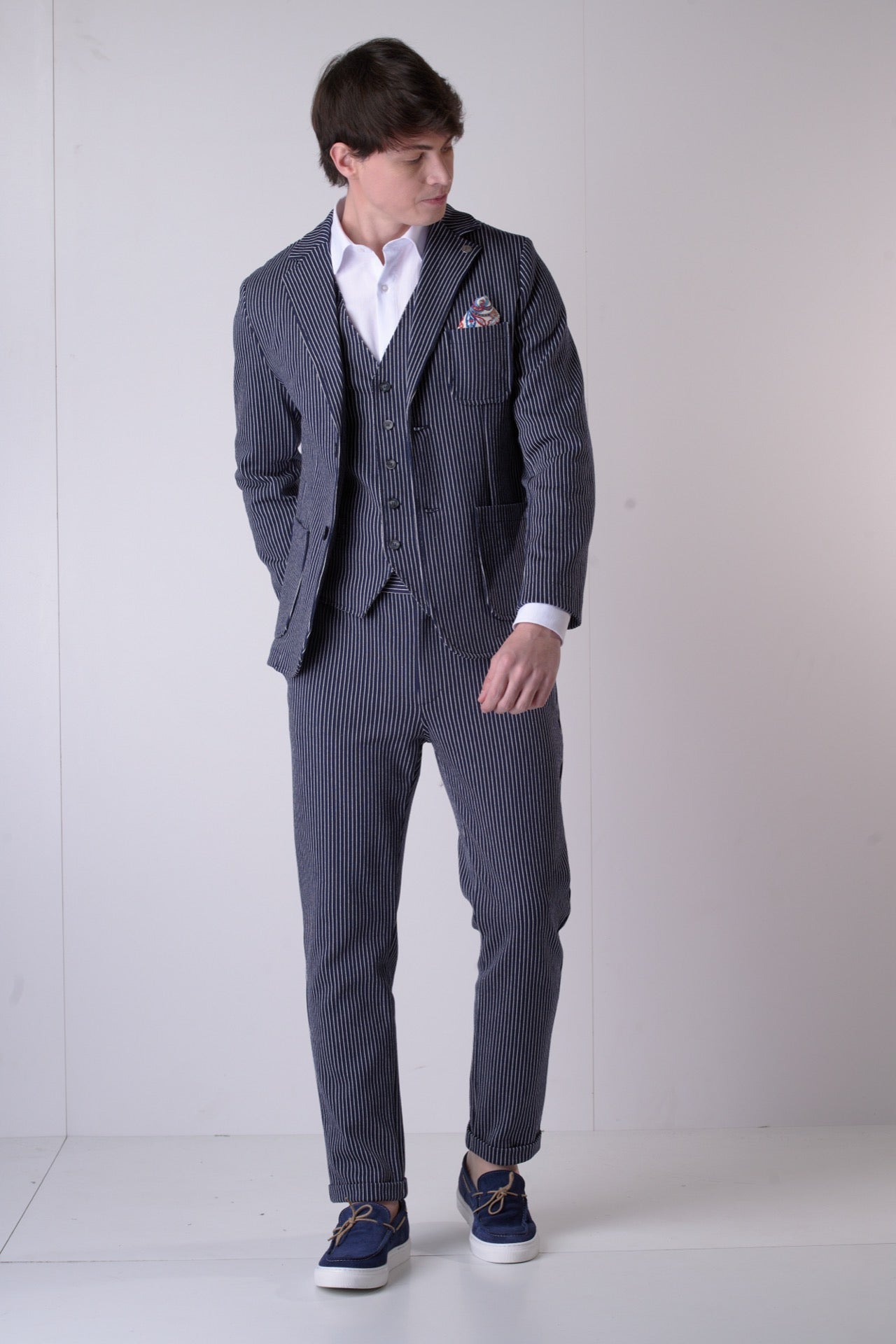 Blue Pinstripe Tailored Trousers with button and V2 fabric interior