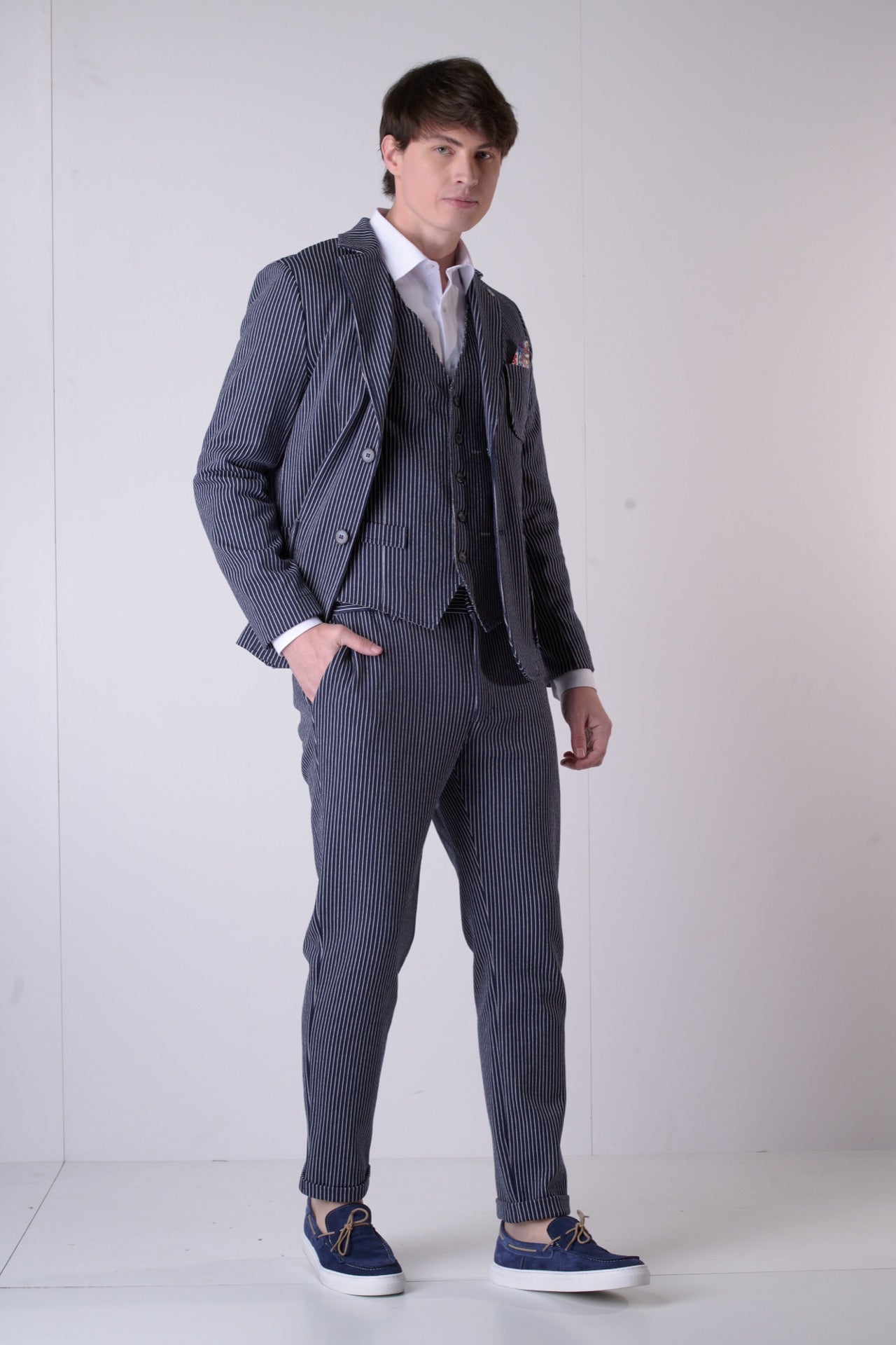 Blue Pinstripe Single-Breasted Tailored Waistcoat with V2 fabric interior