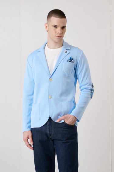 Giacca Monopetto Azzurro con interno collo, pochette e Toppe in tessuto V2