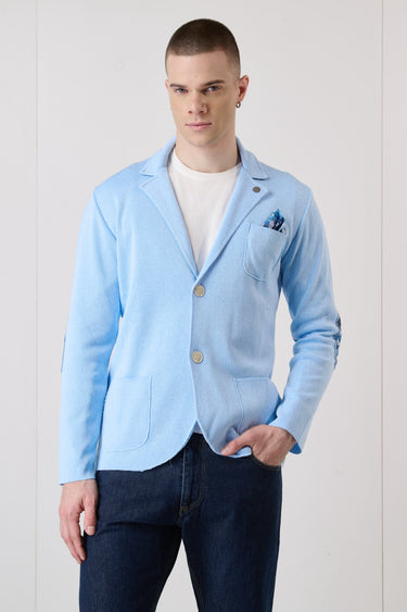 Giacca Monopetto Azzurro con interno collo, pochette e Toppe in tessuto V2