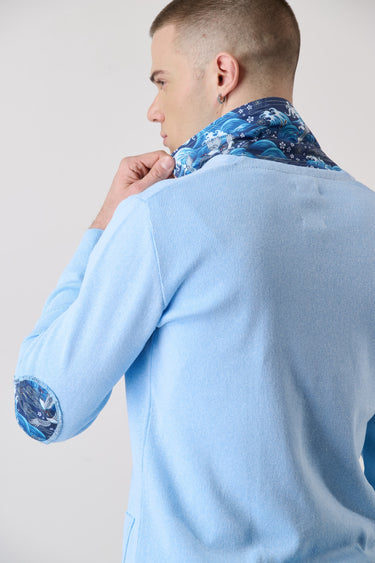 Giacca Monopetto Azzurro con interno collo, pochette e Toppe in tessuto V2