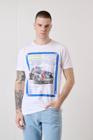 T-Shirt Bianca con Stampa Motori Vintage e inserto in tessuto V2