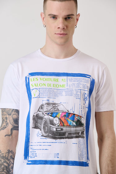 T-Shirt Bianca con Stampa Motori Vintage e inserto in tessuto V2