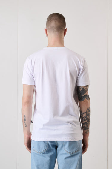 T-Shirt Bianca con Stampa Motori Vintage e inserto in tessuto V2