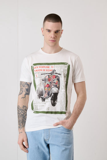 T-Shirt Bianca con Stampa Motori Vintage e inserto in tessuto V2