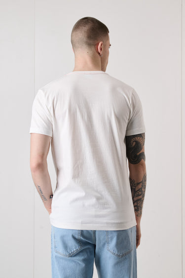 T-Shirt Bianca con Stampa Motori Vintage e inserto in tessuto V2