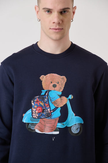 Blue Crewneck Sweatshirt with Teddy Print and Fabric Insert V2