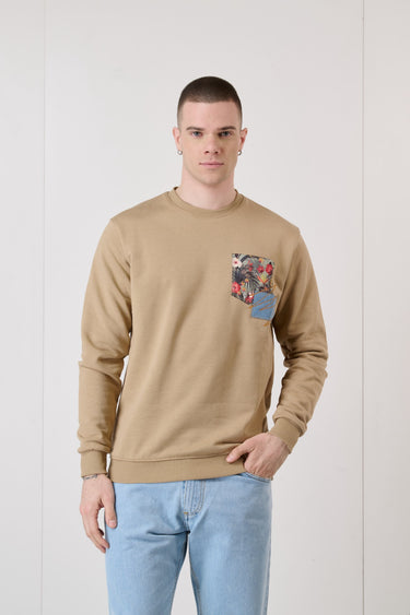 Sand Crewneck Sweatshirt with Pocket and Embroidered Patch in V2 Fabric