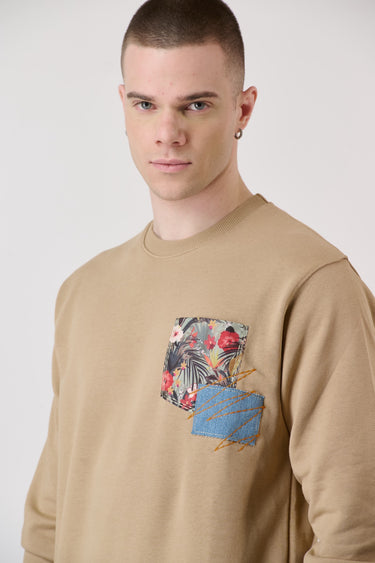 Sand Crewneck Sweatshirt with Pocket and Embroidered Patch in V2 Fabric