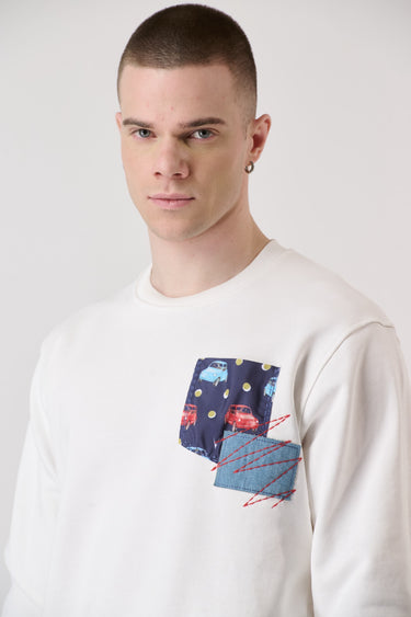 Cream Crewneck Sweatshirt with Pocket and Embroidered Patch in V2 Fabric