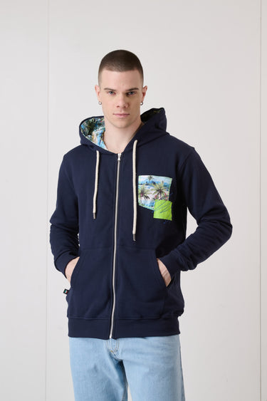 Blue Zip Sweatshirt with Patch Pocket and Inner Hood in V2 Fabric