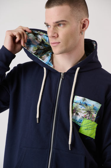 Blue Zip Sweatshirt with Patch Pocket and Inner Hood in V2 Fabric