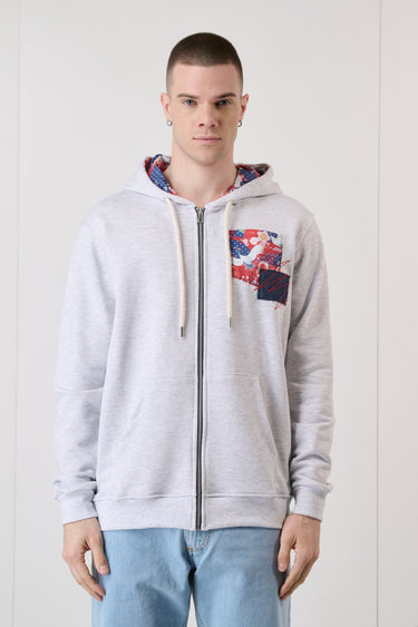Grey Zip Sweatshirt with Patch Pocket and Inner Hood in V2 Fabric