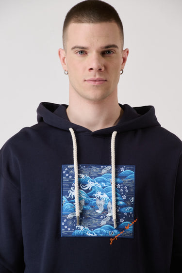 Blue Hoodie with embroidered square insert in V2 fabric