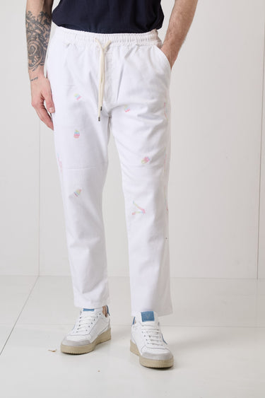 ALICANTE - Pantalone Rocciatore tinto capo Bianco con elastico e ricami multicolor
