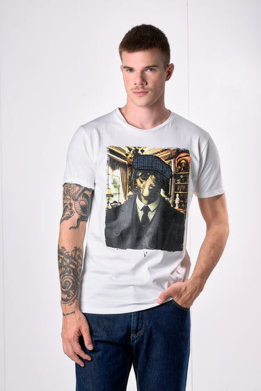 T-Shirt Panna con stampa Dobermann e ricamo in tessuto V2