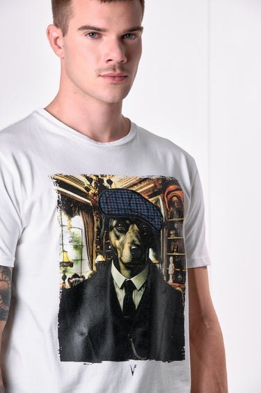 T-Shirt Panna con stampa Dobermann e ricamo in tessuto V2