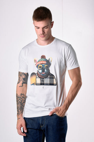 T-Shirt Panna con stampa Bulldog e ricamo in tessuto V2