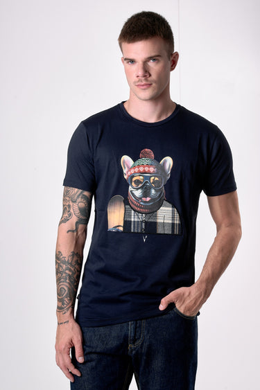 T-Shirt Blu con stampa Bulldog e ricamo in tessuto V2