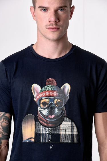T-Shirt Blu con stampa Bulldog e ricamo in tessuto V2