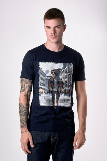 T-Shirt Blu con stampa Teddy e ricamo in tessuto V2