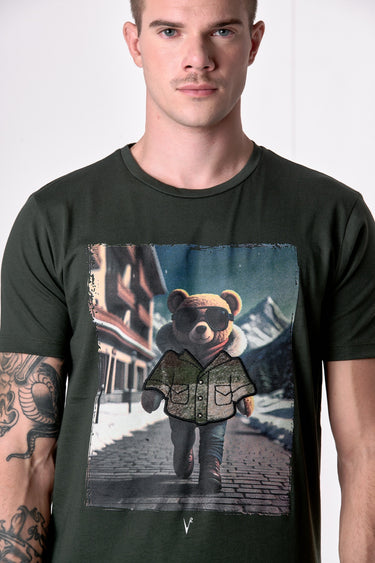 T-Shirt Verde Militare con stampa Teddy e ricamo in tessuto V2