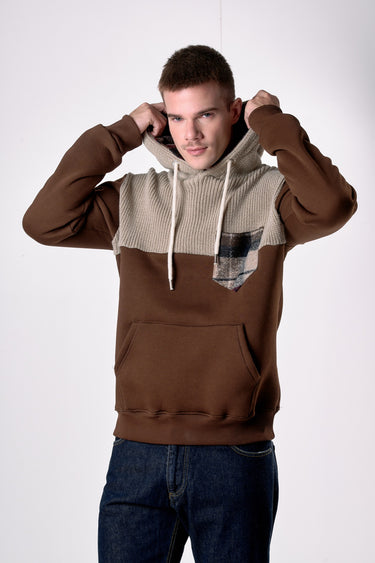 Felpa Cappuccio Moro con intarsio in maglieria e dettagli in tessuto V2
