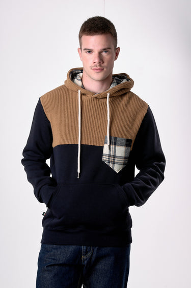 Felpa Blu con Cappuccio e intarsio in maglieria e dettagli in tessuto V2