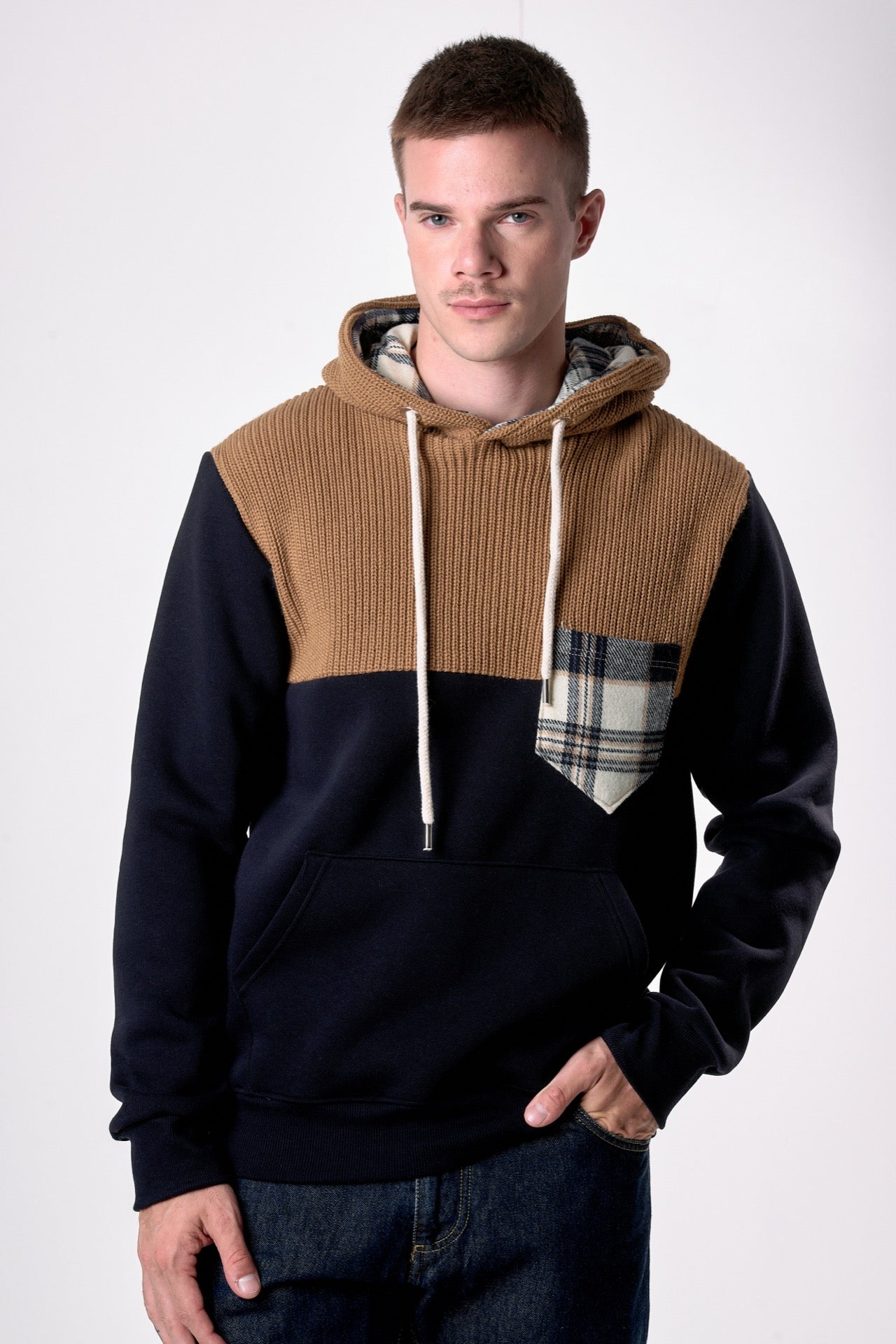 Felpa Blu con Cappuccio e intarsio in maglieria e dettagli in tessuto V2