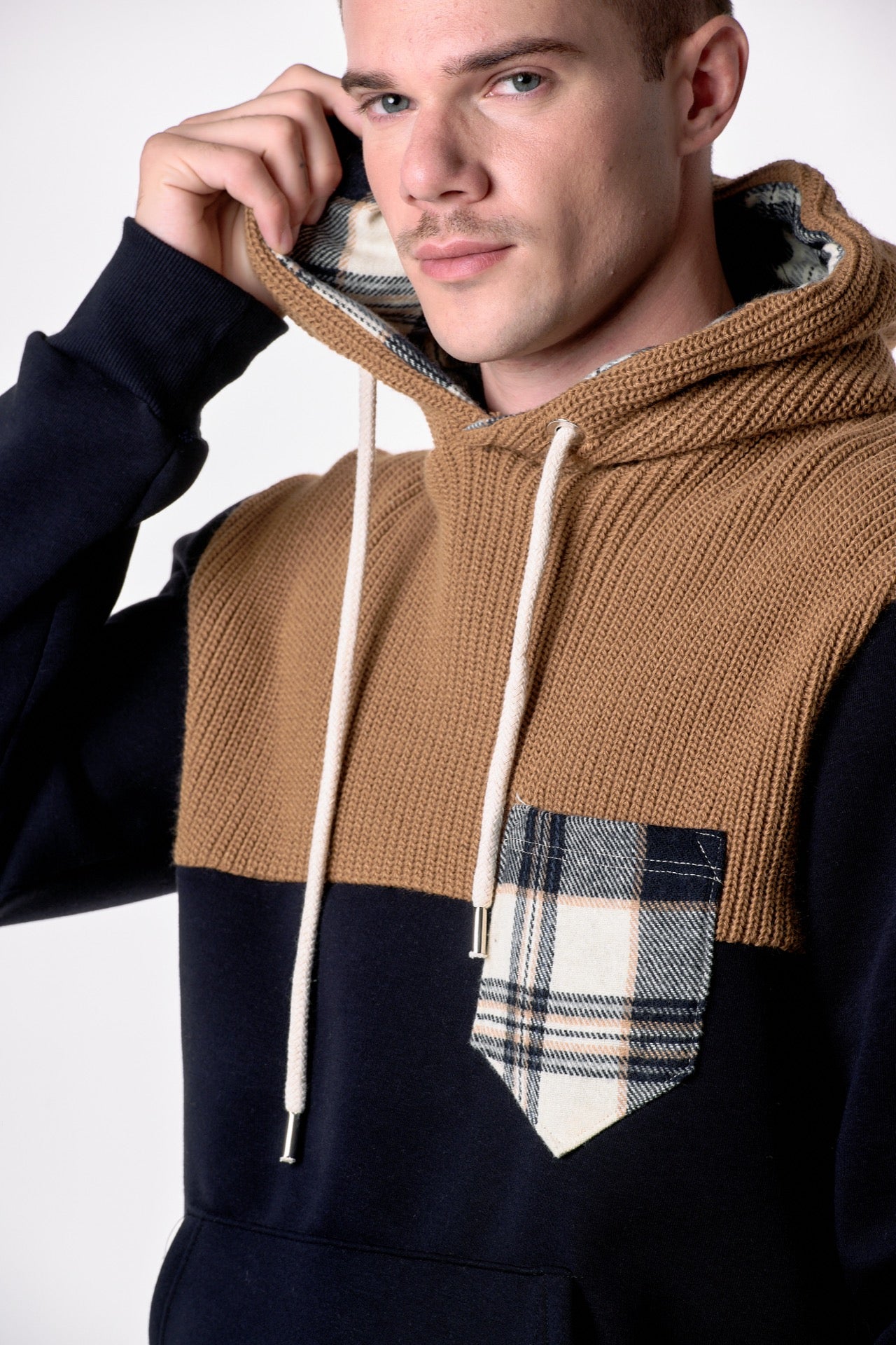 Felpa Blu con Cappuccio e intarsio in maglieria e dettagli in tessuto V2