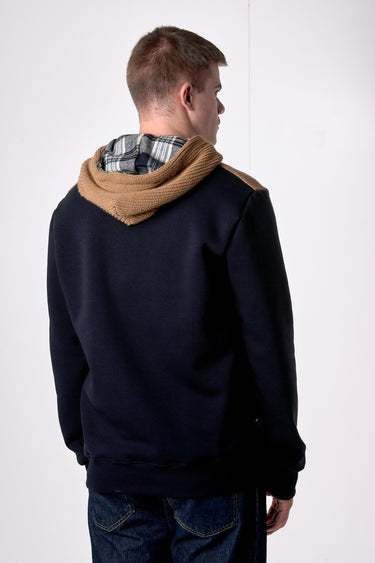 Felpa Blu con Cappuccio e intarsio in maglieria e dettagli in tessuto V2