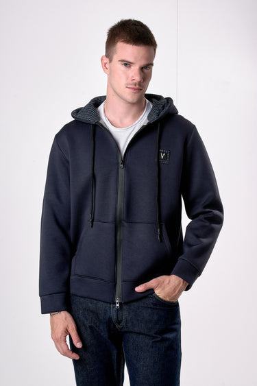 Blue Neoprene Zip-Up Hoodie with Fabric Details V2