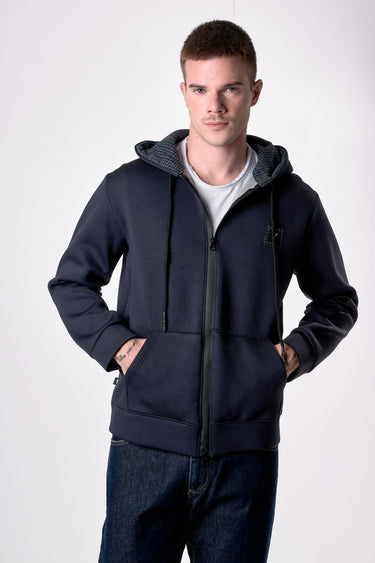 Blue Neoprene Zip-Up Hoodie with Fabric Details V2